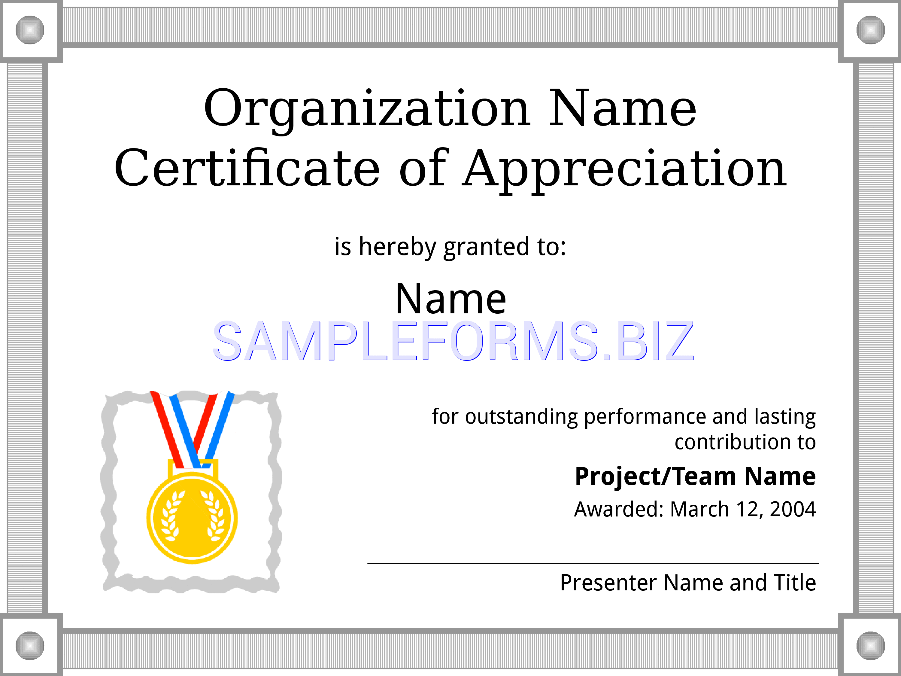 Preview free downloadable Certificate of Appreciation Template 1 in PDF (page 1)